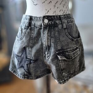 ROMWE Indie Sleaze Grunge Punk Black Star Gray Denim Shorts Medium